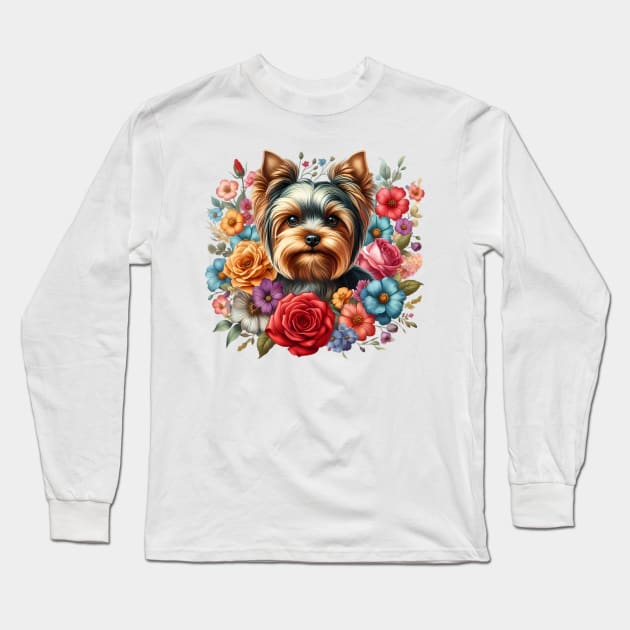 A yorkshire terrier with beautiful colorful flowers Long Sleeve T-Shirt by CreativeSparkzz